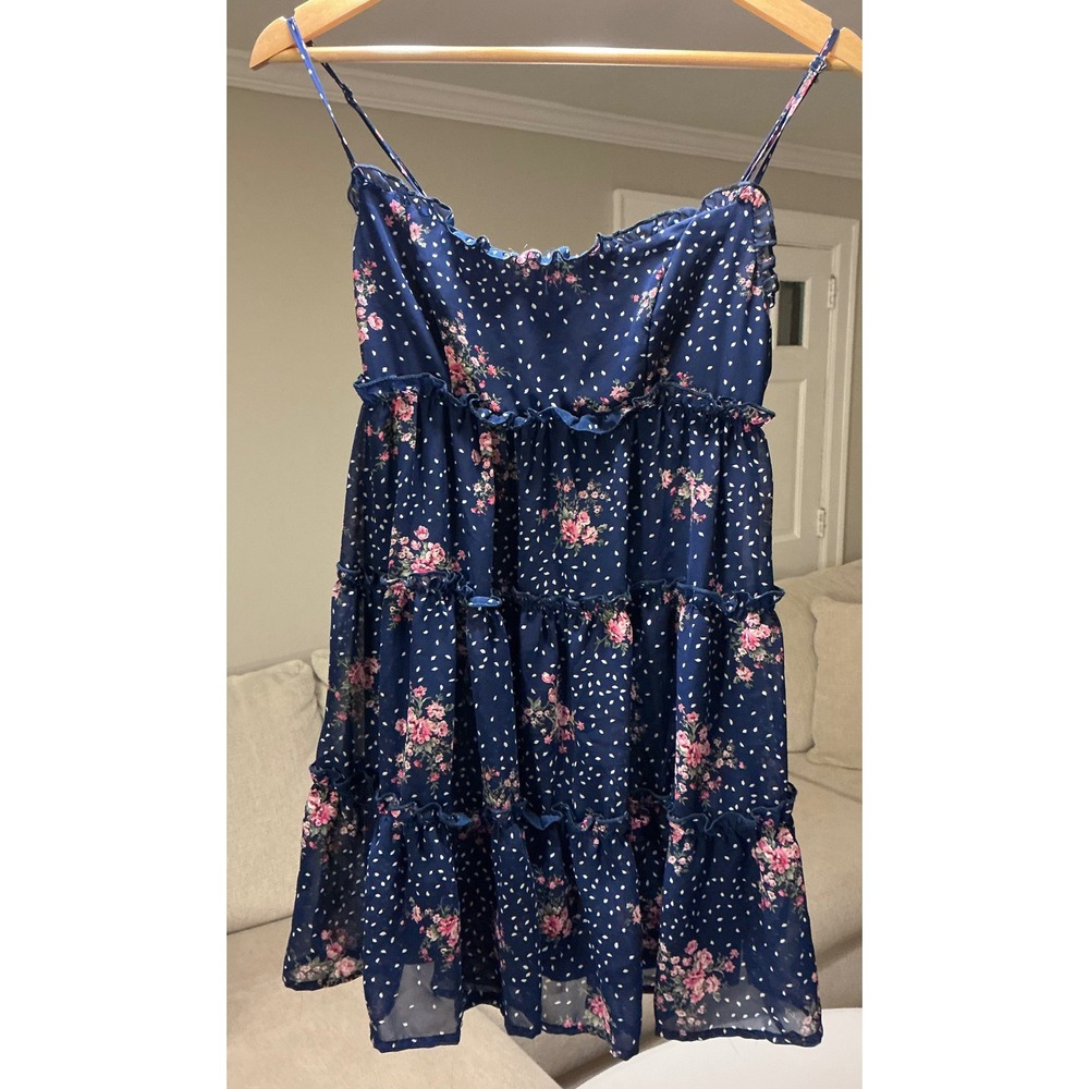 VTG Y2K Baby Doll‎ Cottagecore Tiered Ruffle Mini Dress Navy Floral Fairy Sz 1/2